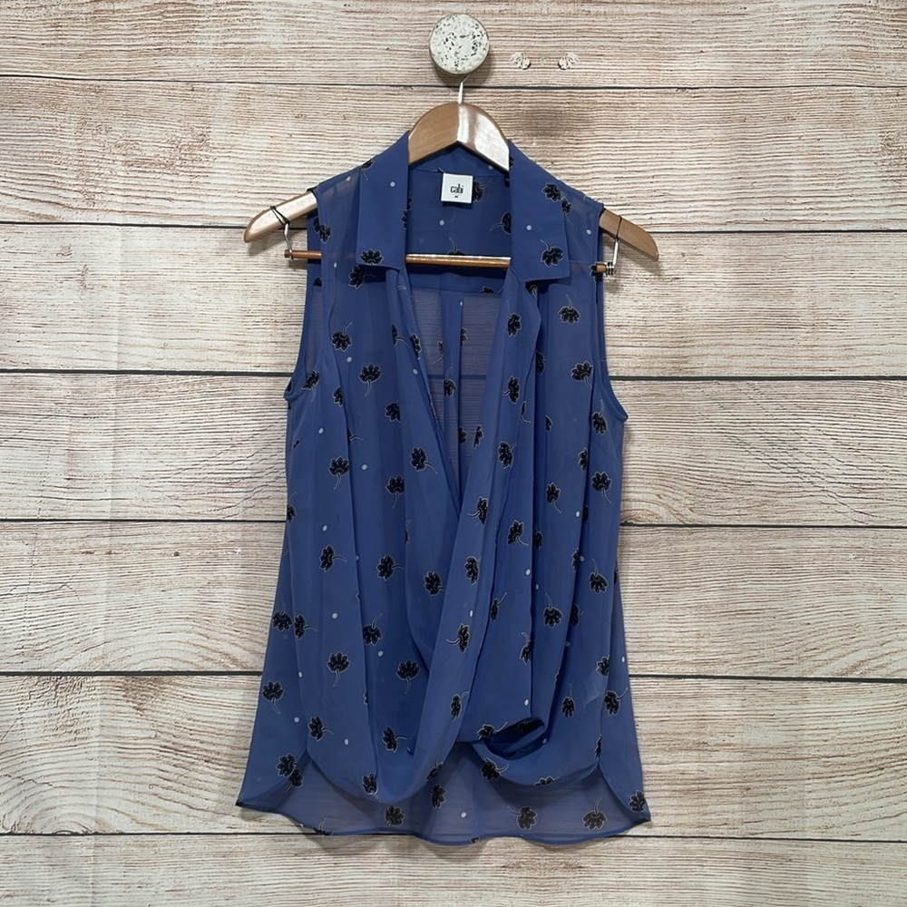 Cabi Medium Blue Sheer Floral Sleeveless Blouse